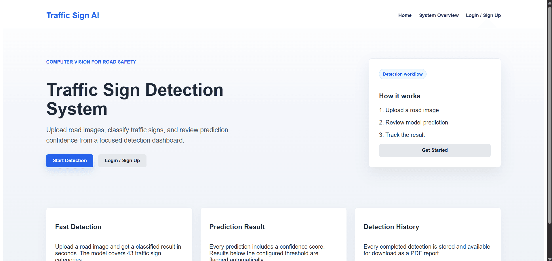 Traffic Sign AI home screen with Start Detection and Login / Sign Up buttons and a detection workflow overview